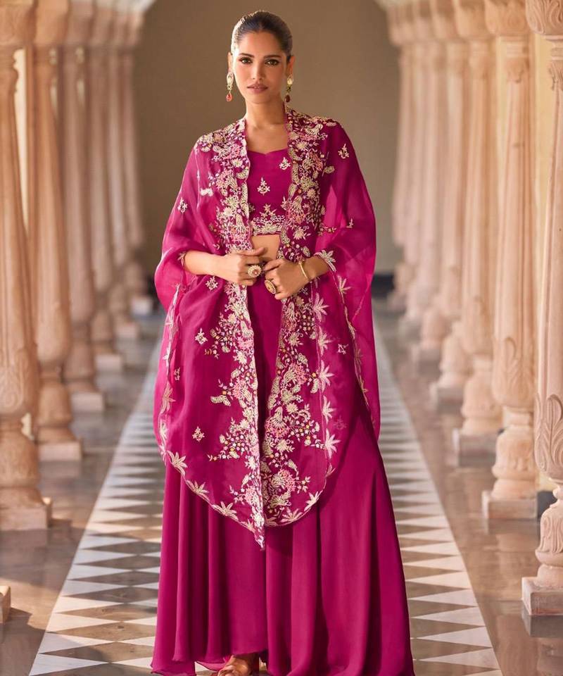 Magenta chinnon silk crop top palazzo with golden zari thread floral embroidery and sequin detailing 42")