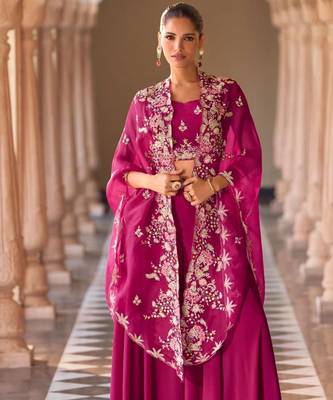 Magenta chinnon silk crop top palazzo with golden zari thread floral embroidery and sequin detailing 42") 2