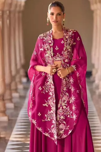 Magenta chinnon silk crop top palazzo with golden zari thread floral embroidery and sequin detailing 42")