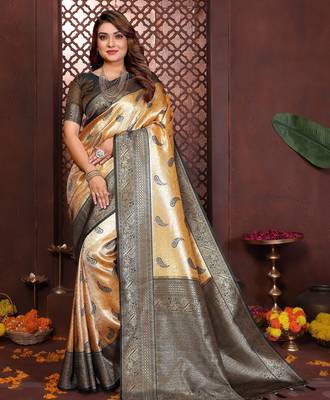 yellow banarasi tissue art silk saree 1