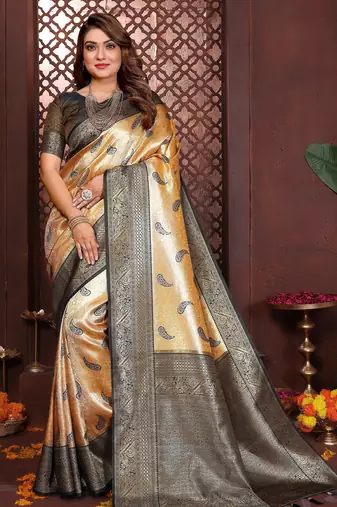 yellow banarasi tissue art silk saree