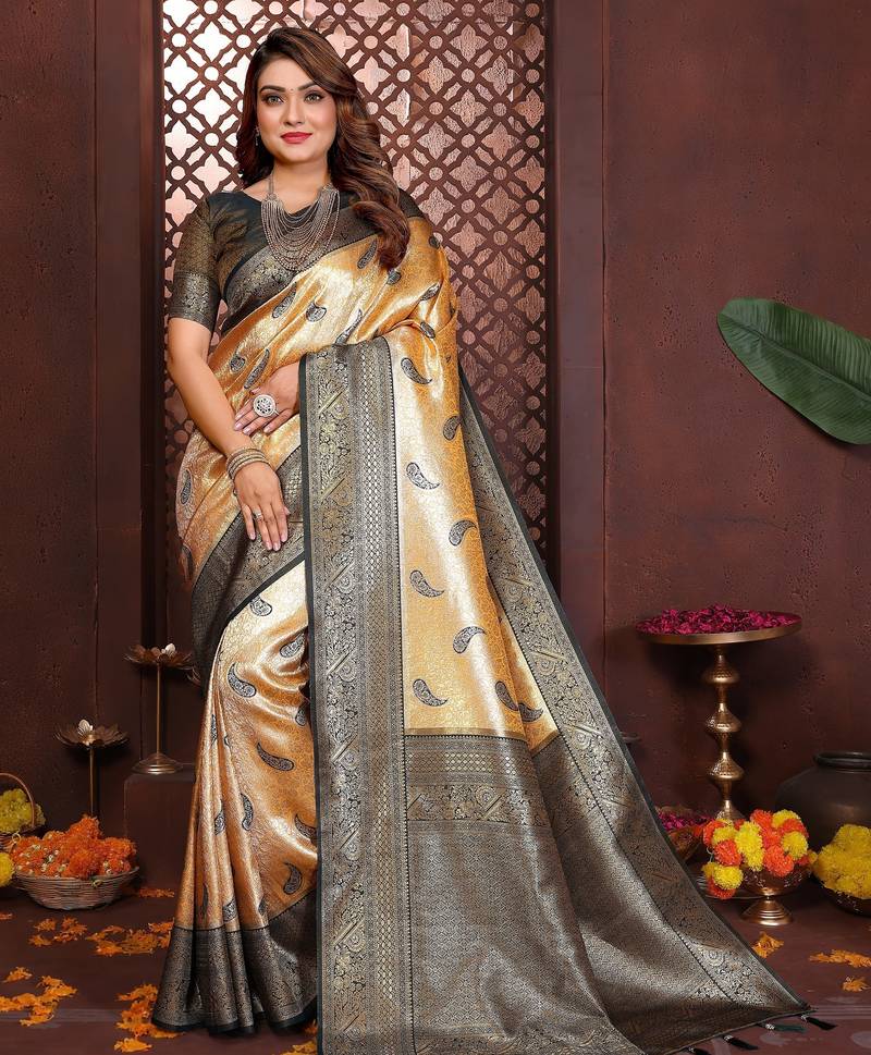 yellow banarasi tissue art silk saree