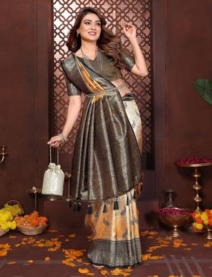yellow banarasi tissue art silk saree 2