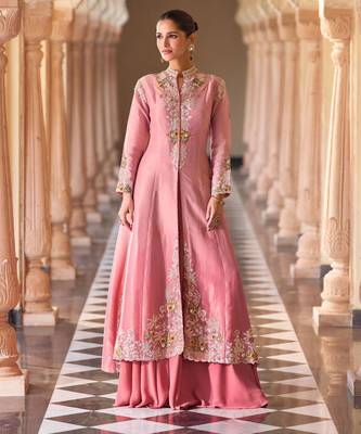 Baby pink chinnon silk crop top palazzo with golden zari thread floral embroidery and sequin detailing 42") 1