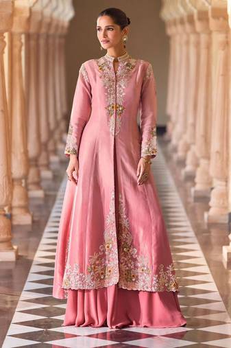 Baby pink chinnon silk crop top palazzo with golden zari thread floral embroidery and sequin detailing 42")