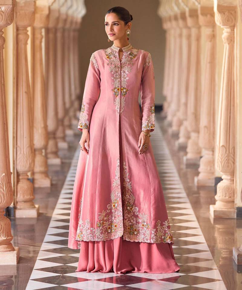 Baby pink chinnon silk crop top palazzo with golden zari thread floral embroidery and sequin detailing 42")