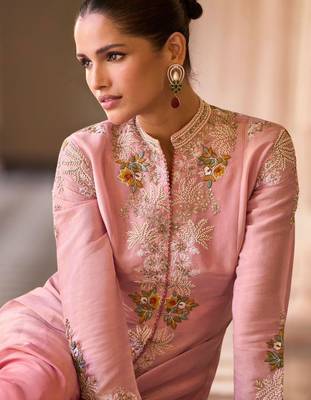 Baby pink chinnon silk crop top palazzo with golden zari thread floral embroidery and sequin detailing 42") 2