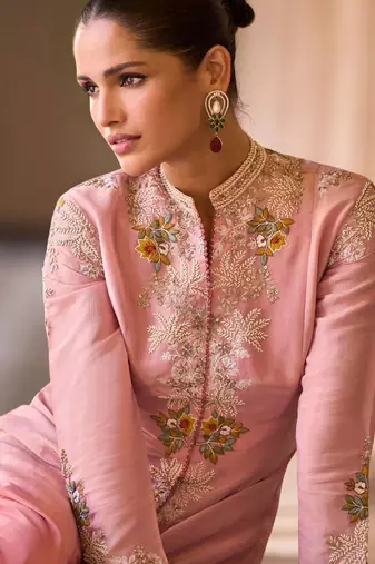 Baby pink chinnon silk crop top palazzo with golden zari thread floral embroidery and sequin detailing 42")