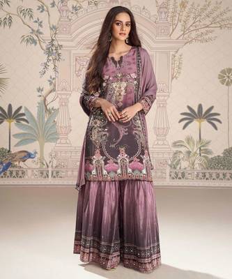Purple embroidery and embllished with mirror work crep silk straight top palazzo-Full Stitched free size 1