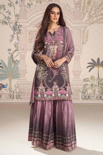 Purple embroidery and embllished with mirror work crep silk straight top palazzo-Full Stitched free size