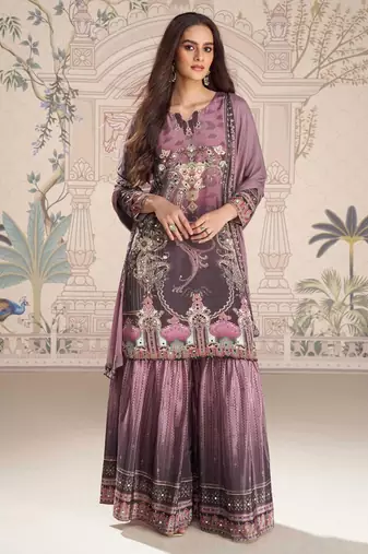 Purple embroidery and embllished with mirror work crep silk straight top palazzo-Full Stitched free size