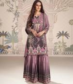 Purple embroidery and embllished with mirror work crep silk straight top palazzo-Full Stitched free size