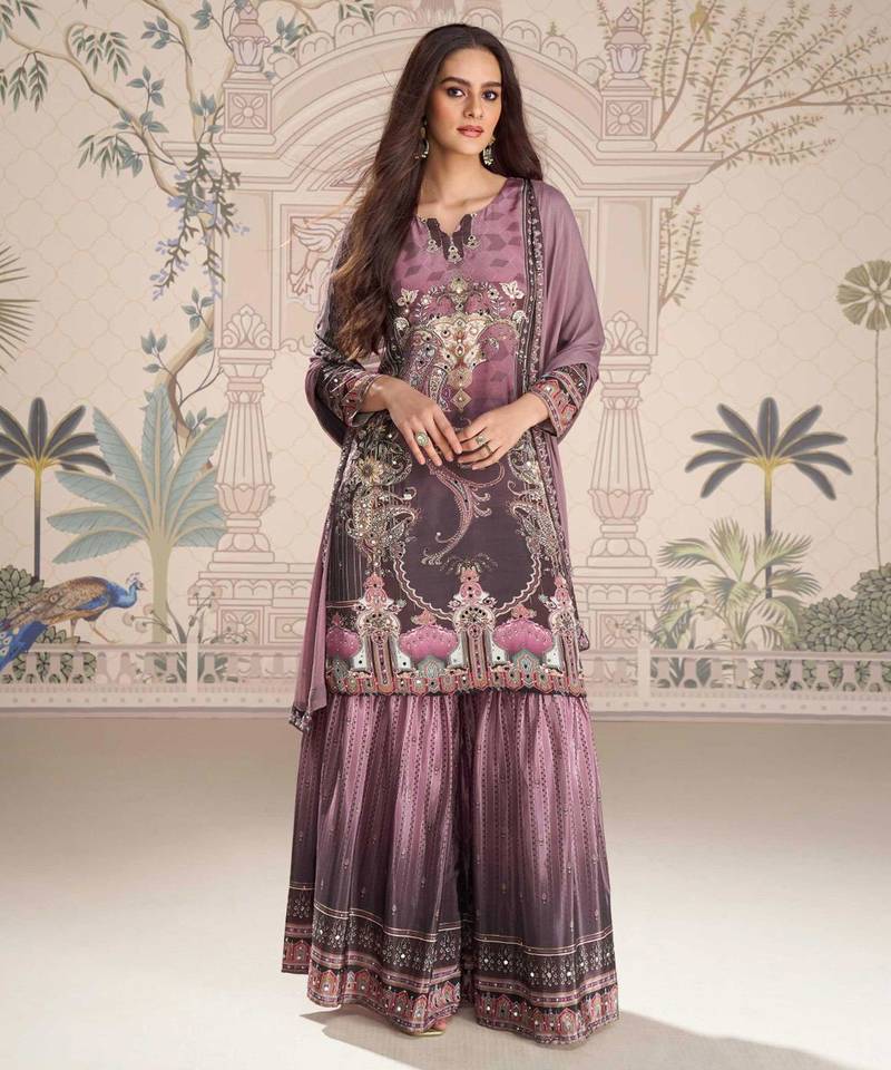 Purple embroidery and embllished with mirror work crep silk straight top palazzo-Full Stitched free size