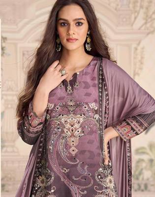 Purple embroidery and embllished with mirror work crep silk straight top palazzo-Full Stitched free size 2