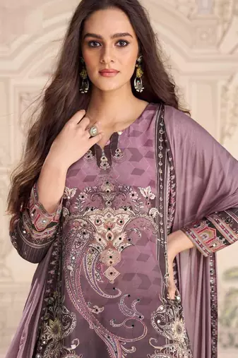 Purple embroidery and embllished with mirror work crep silk straight top palazzo-Full Stitched free size