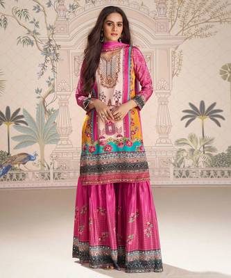 Pink embroidery and embllished with mirror work crep silk straight top palazzo-Full Stitched free size 1
