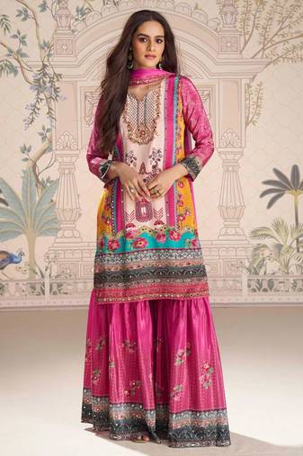 Pink embroidery and embllished with mirror work crep silk straight top palazzo-Full Stitched free size