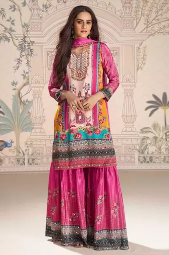 Pink embroidery and embllished with mirror work crep silk straight top palazzo-Full Stitched free size