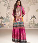 Pink embroidery and embllished with mirror work crep silk straight top palazzo-Full Stitched free size