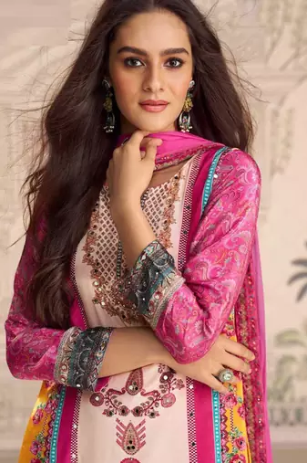 Pink embroidery and embllished with mirror work crep silk straight top palazzo-Full Stitched free size