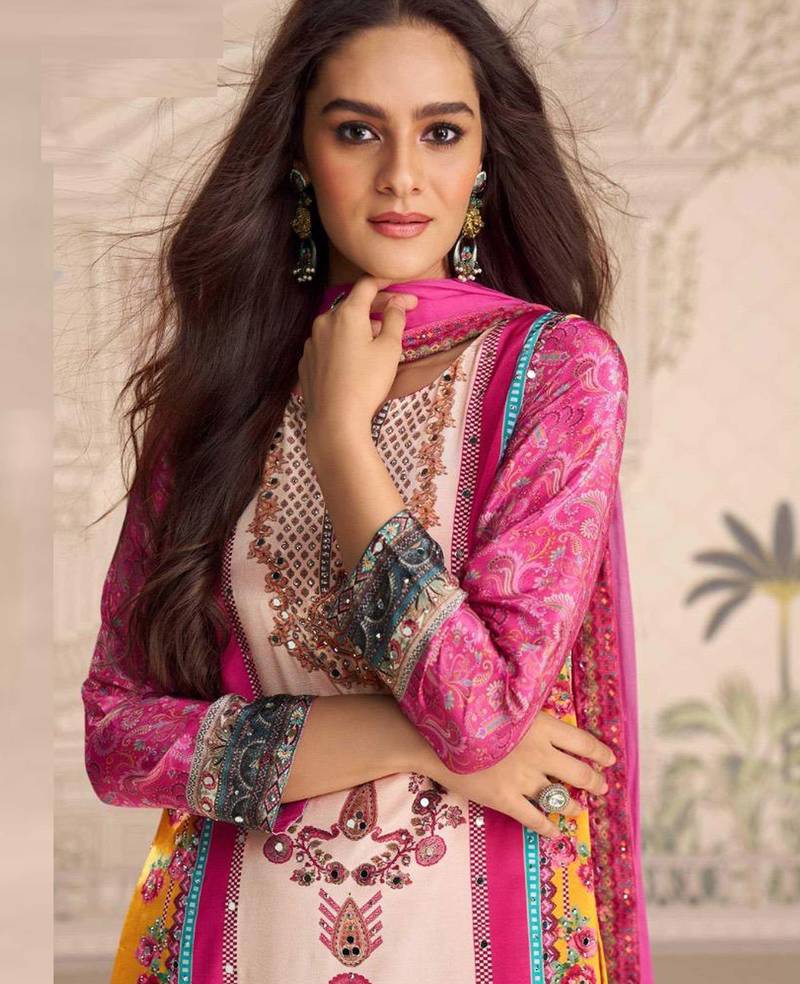 Pink embroidery and embllished with mirror work crep silk straight top palazzo-Full Stitched free size