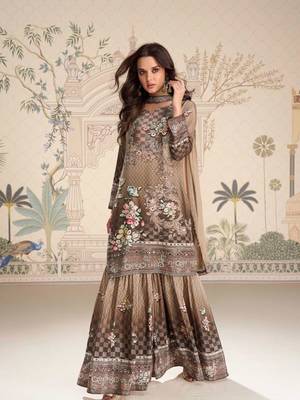 Beige embroidery and embllished with mirror work crep silk straight top palazzo-Full Stitched free size 1