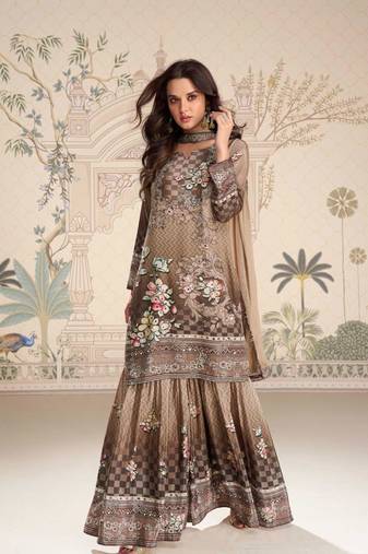 Beige embroidery and embllished with mirror work crep silk straight top palazzo-Full Stitched free size