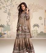 Beige embroidery and embllished with mirror work crep silk straight top palazzo-Full Stitched free size