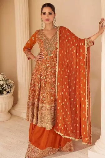 Rust orange embroidery seroski zarkan georgette anarkali kurta pant- - Full Stitched free size