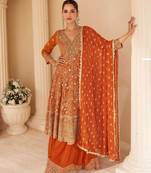 Rust orange embroidery seroski zarkan georgette anarkali kurta pant- - Full Stitched free size