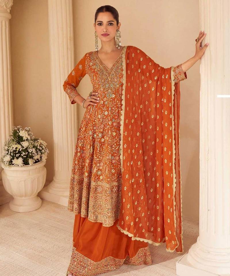 Rust orange embroidery seroski zarkan georgette anarkali kurta pant- - Full Stitched free size