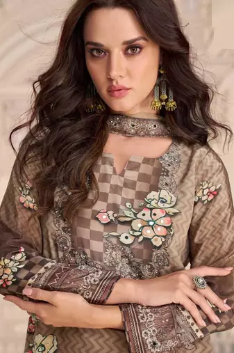 Beige embroidery and embllished with mirror work crep silk straight top palazzo-Full Stitched free size