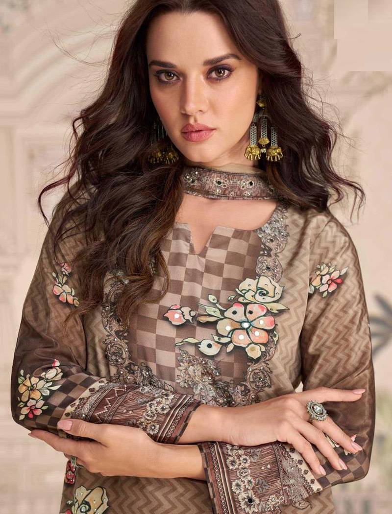 Beige embroidery and embllished with mirror work crep silk straight top palazzo-Full Stitched free size