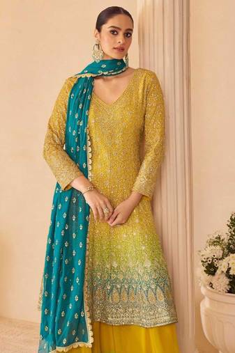 Lime green ombre embroidery seroski zarkan georgette anarkali kurta pant- - Full Stitched free size