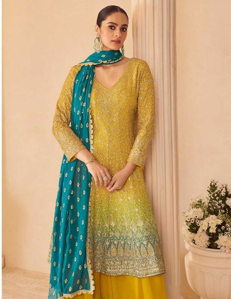 Lime green ombre embroidery seroski zarkan georgette anarkali kurta pant- - Full Stitched free size