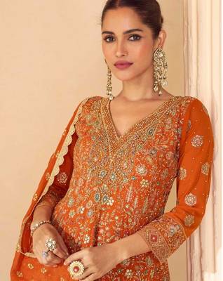 Rust orange embroidery seroski zarkan georgette anarkali kurta pant- - Full Stitched free size 2