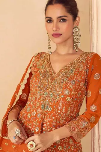 Rust orange embroidery seroski zarkan georgette anarkali kurta pant- - Full Stitched free size