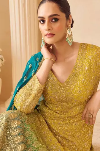 Lime green ombre embroidery seroski zarkan georgette anarkali kurta pant- - Full Stitched free size