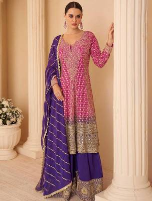 Pink embroidery seroski zarkan georgette anarkali kurta pant- - Full Stitched free size 1