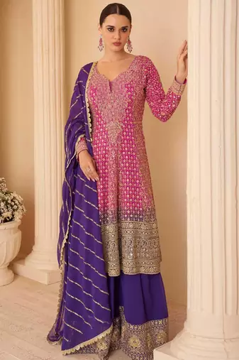 Pink embroidery seroski zarkan georgette anarkali kurta pant- - Full Stitched free size