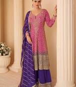 Pink embroidery seroski zarkan georgette anarkali kurta pant- - Full Stitched free size