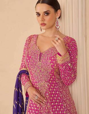 Pink embroidery seroski zarkan georgette anarkali kurta pant- - Full Stitched free size 2