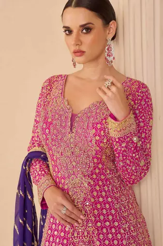 Pink embroidery seroski zarkan georgette anarkali kurta pant- - Full Stitched free size