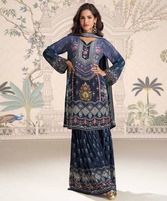 Navy blue embroidery and embllished with mirror work crep silk straight top palazzo-Full Stitched free size 1