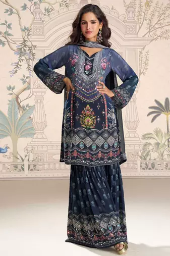 Navy blue embroidery and embllished with mirror work crep silk straight top palazzo-Full Stitched free size