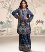 Navy blue embroidery and embllished with mirror work crep silk straight top palazzo-Full Stitched free size