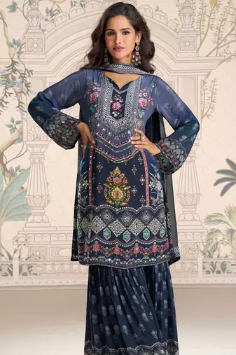 Navy blue embroidery and embllished with mirror work crep silk straight top palazzo-Full Stitched free size