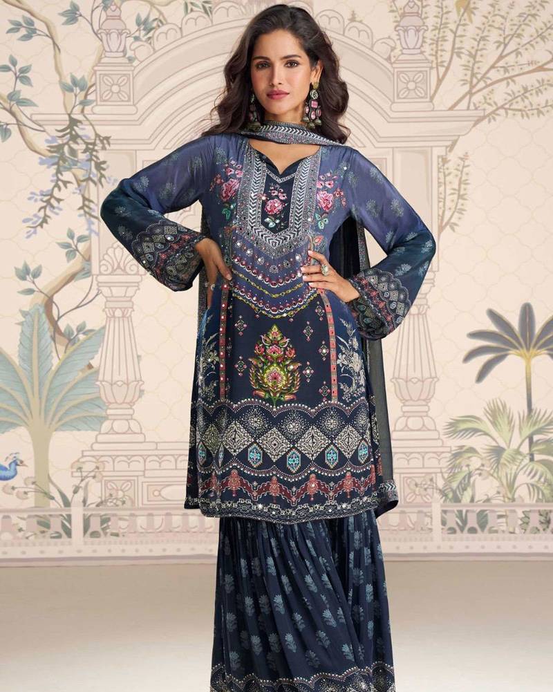 Navy blue embroidery and embllished with mirror work crep silk straight top palazzo-Full Stitched free size