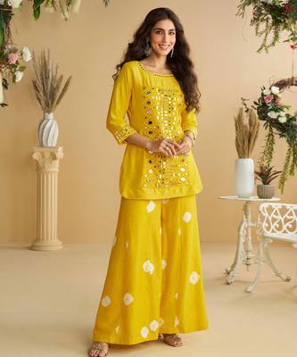Mustard yellow golden embroidery and gota work real silk straight top pant- - Full Stitched free size 1
