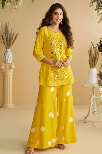 Mustard yellow golden embroidery and gota work real silk straight top pant- - Full Stitched free size